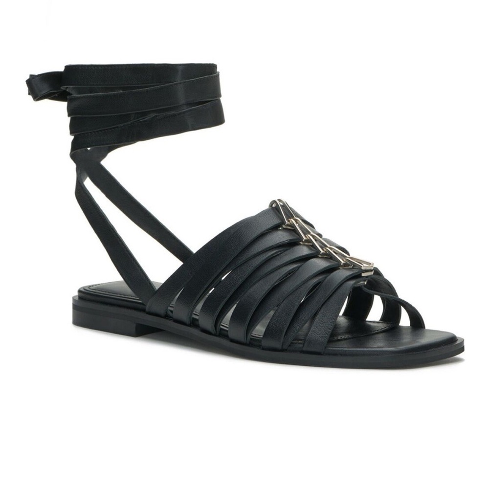 Vince Camuto Black Leather Sandals Square Toe Lavelinn Wrap Around Flats